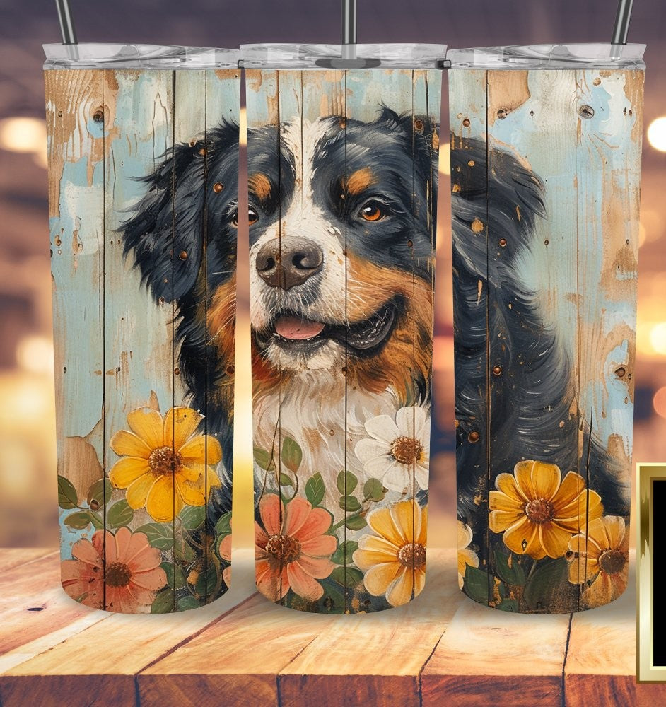 Bernese Mountain Dog Floral 20oz Tumbler – Rustic Wood Background