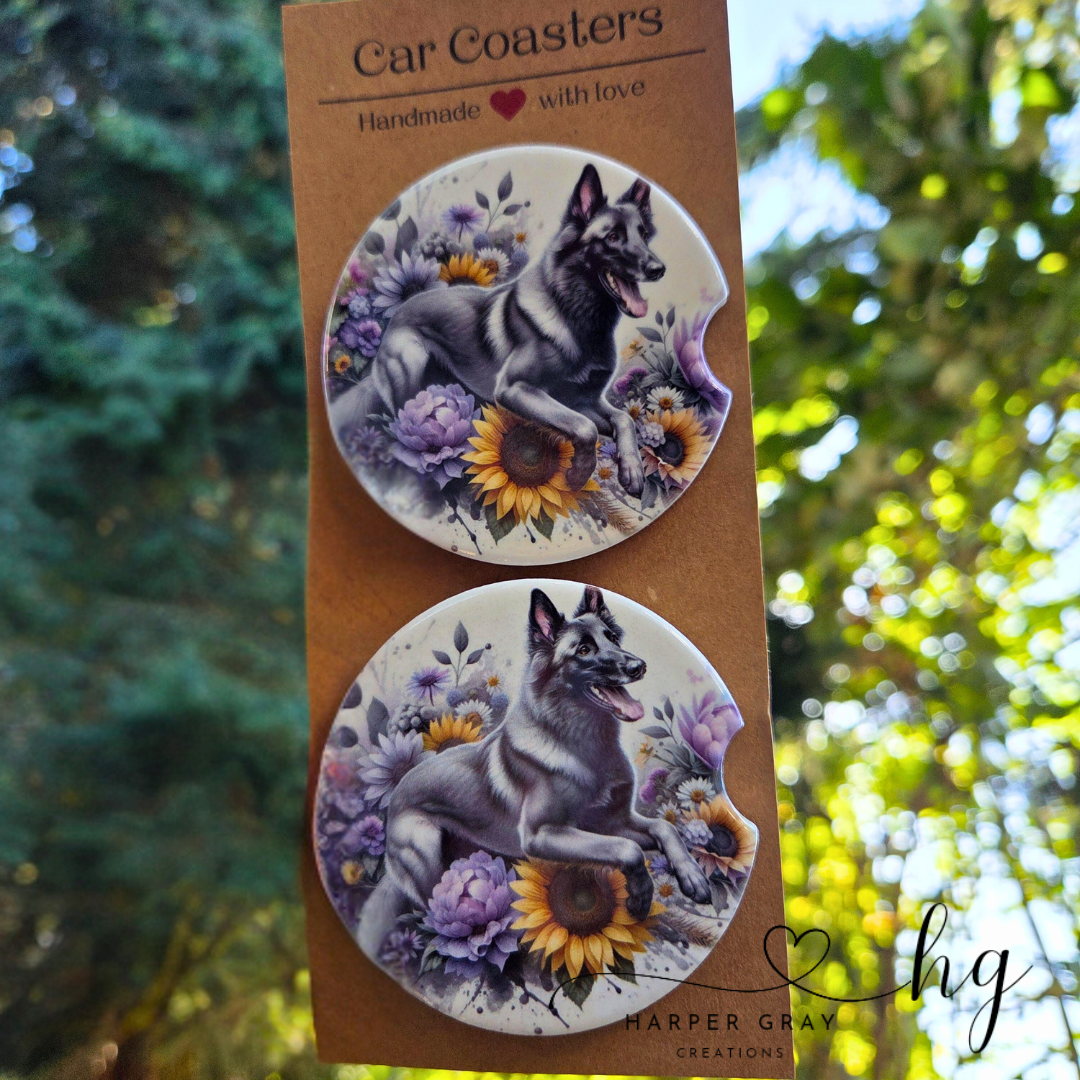 Set of 2 Floral Belgian Malinois Car Coasters