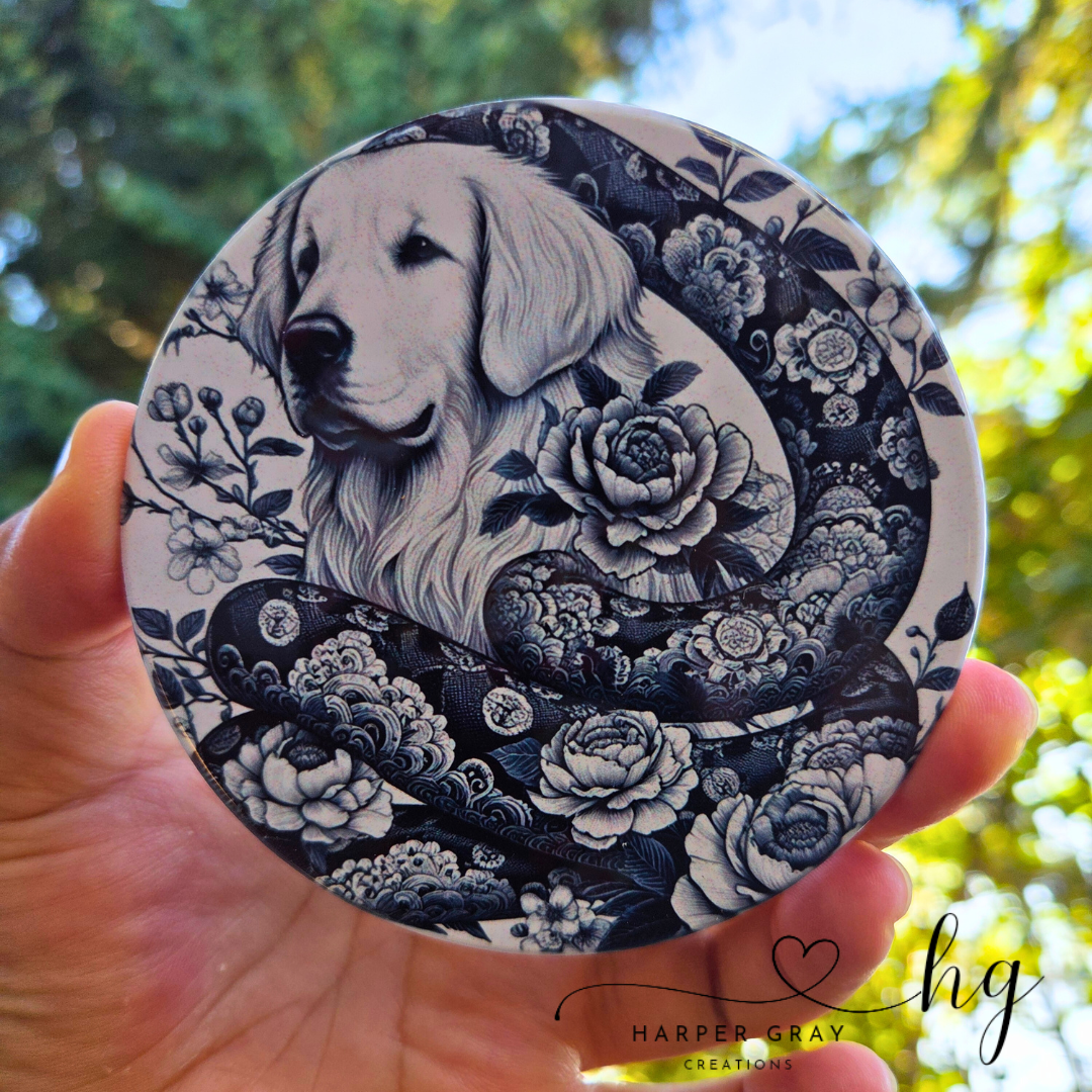 Blue Chinoiserie Golden Retriever Ceramic Coaster