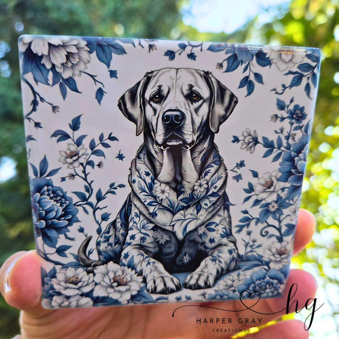 Blue Chinoiserie Labrador Retriever Ceramic Coaster