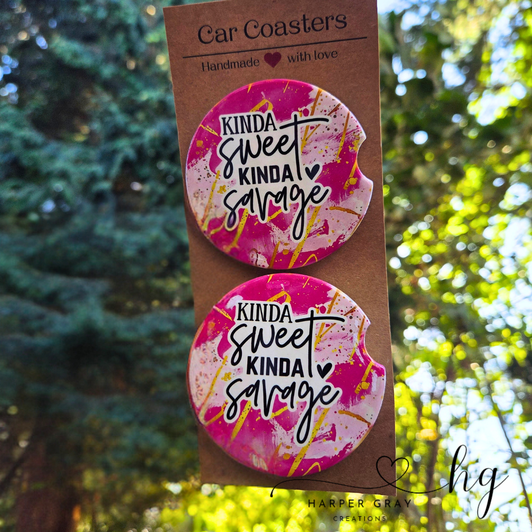 Set of 2 “Kinda Sweet, Kinda Savage” Car Coasters Funny Sassy Cup Holder Accessories