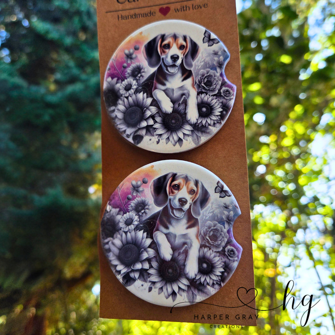 Set of 2 Floral Beagle Car Coasters