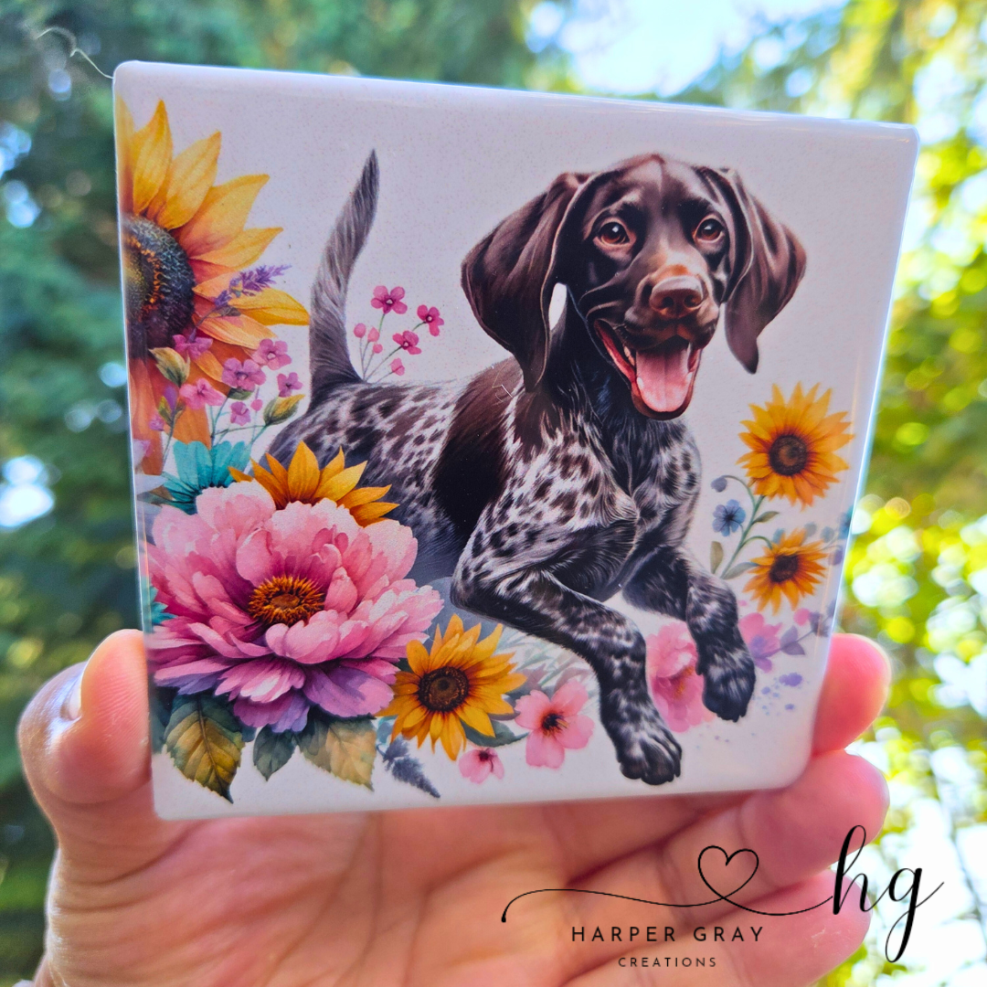 German Shorthaired Pointer Ceramic Coaster – Sunflower Floral Dog Lover Accessory
