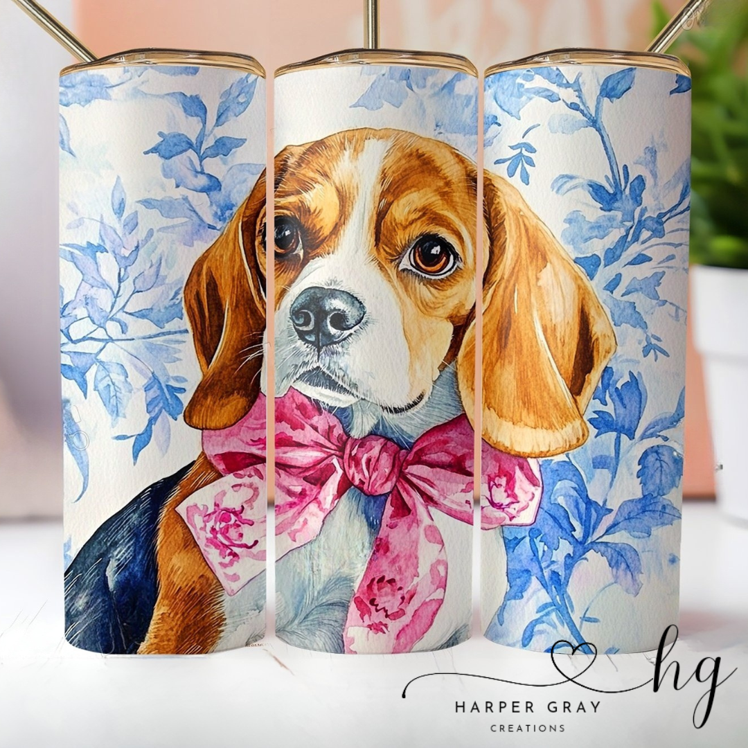 Beagle with Pink Bow Blue Toile 20oz Tumbler – Cute Dog Lover Drinkware