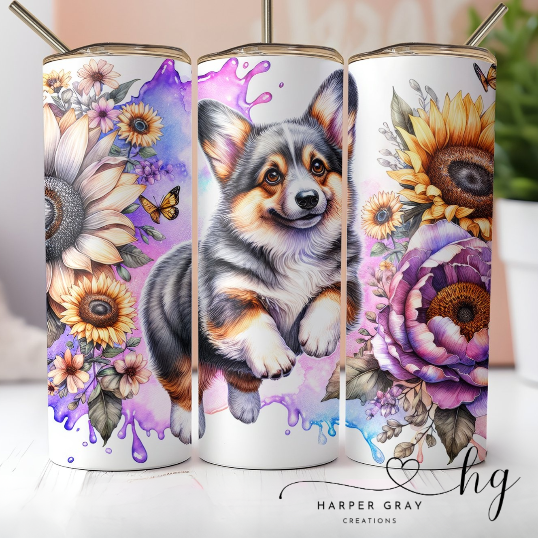 Tri-Color Corgi Sunflower 20oz Tumbler – Cozy Dog Lover Travel Cup