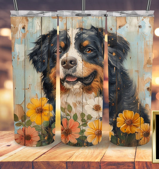 Bernese Mountain Dog Floral 20oz Tumbler – Rustic Wood Background