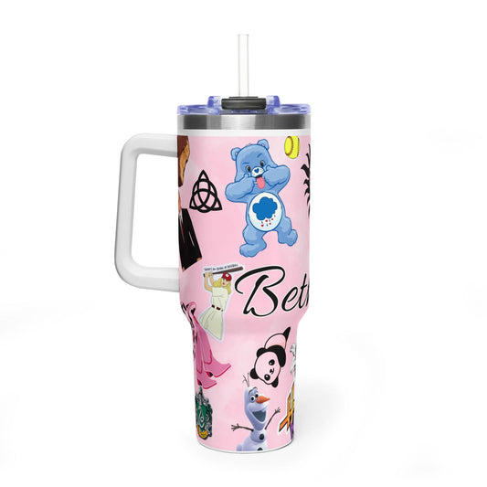 40oz Pink Sticker Collage Tumbler – Personalized Name Travel Mug