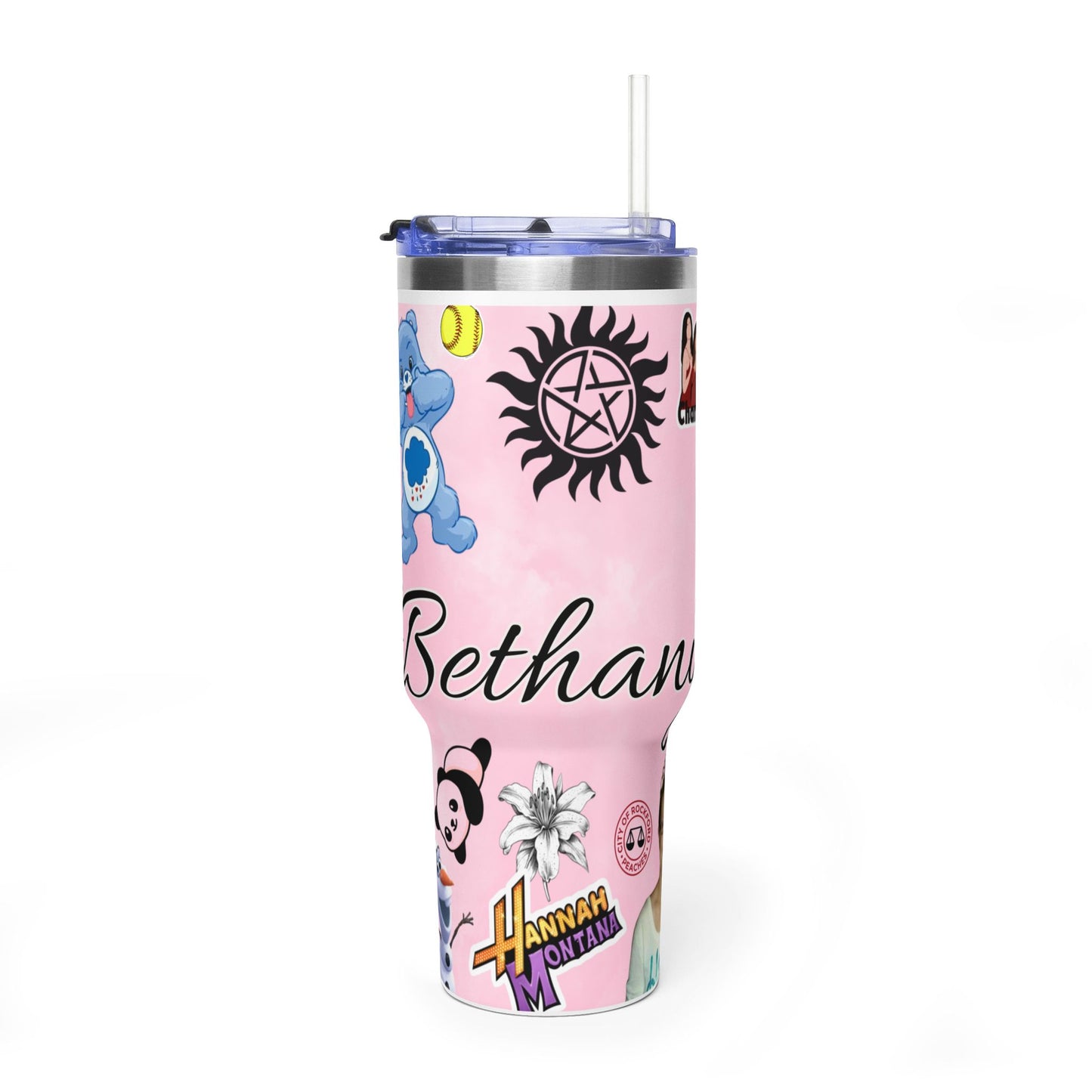 40oz Pink Sticker Collage Tumbler – Personalized Name Travel Mug