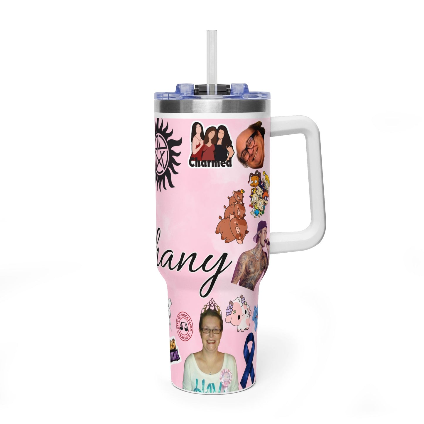 40oz Pink Sticker Collage Tumbler – Personalized Name Travel Mug