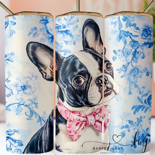 Boston Terrier Blue Toile 20oz Tumbler