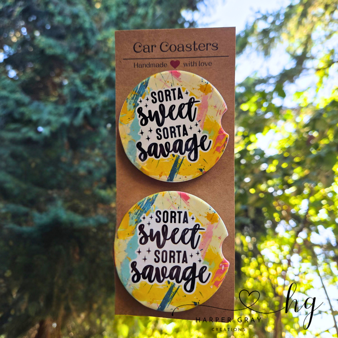 Set of 2 “Sorta Sweet, Sorta Savage” Car Coasters – Funny Cup Holder Accessories