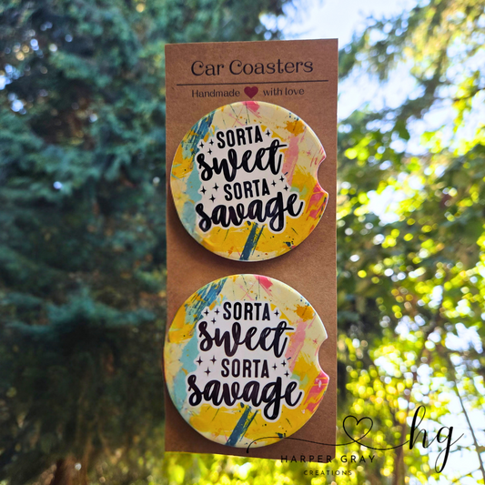 Set of 2 “Sorta Sweet, Sorta Savage” Car Coasters – Funny Cup Holder Accessories