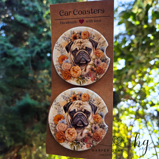 Set of 2 Floral Pug Car Coasters