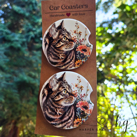 Set of 2 Floral Tabby Cat Car Coasters