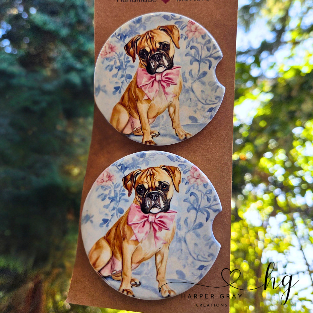 Set of 2 Boxer Car Coasters Blue Toile Art Style