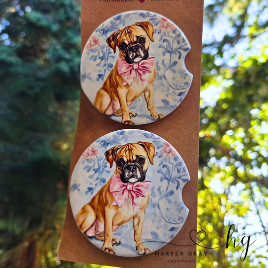 Set of 2 Boxer Car Coasters Blue Toile Art Style