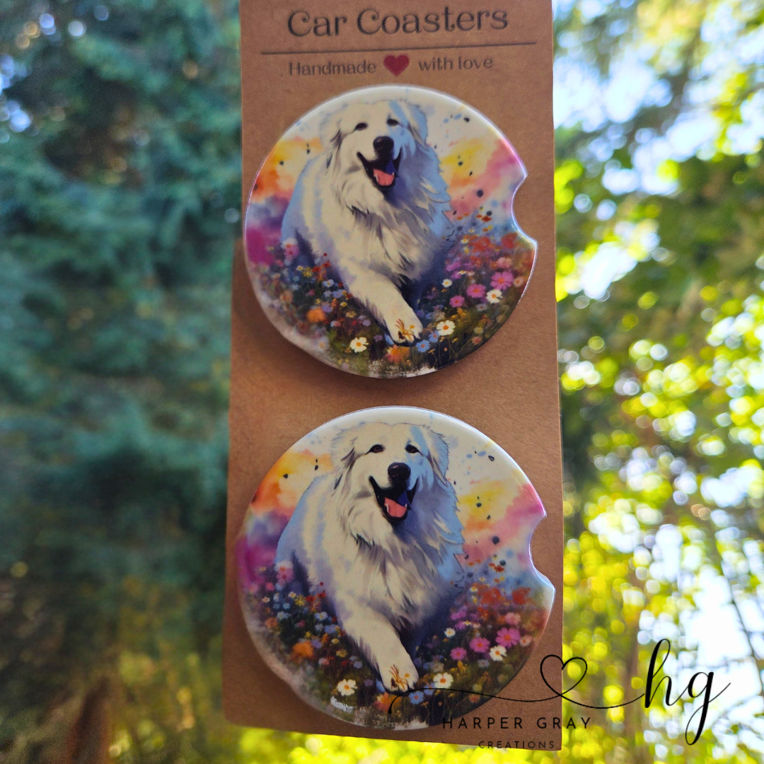 Set of 2 Great Pyrenees Car Coasters Floral Field