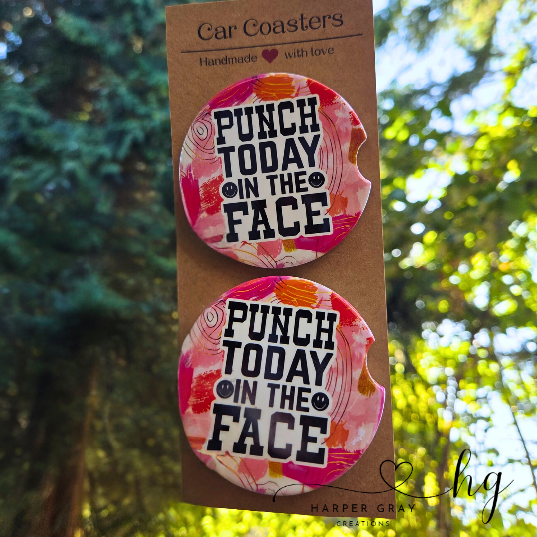 Set of 2 “Punch Today in the Face” Car Coasters – Sarcastic Cup Holder Accessories