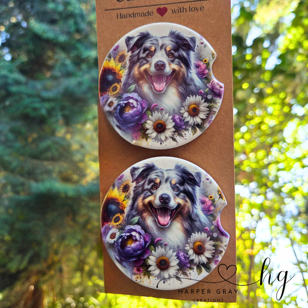 Set of 2 Floral Australian Shepherd Car Coasters Cute Dog Lover Cup Holder Accessories