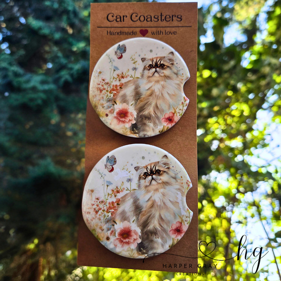 Set of 2 Ragamuffin Cat Floral Car Coasters