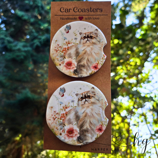 Set of 2 Ragamuffin Cat Floral Car Coasters