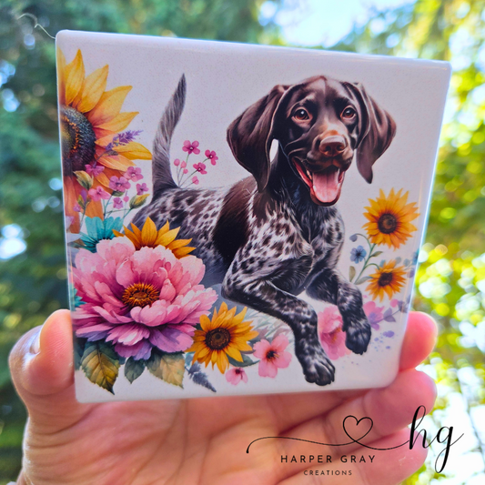 German Shorthaired Pointer Ceramic Coaster – Sunflower Floral Dog Lover Accessory