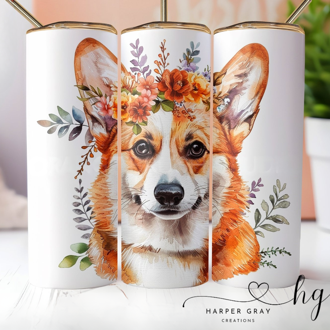 Floral Corgi 20oz Tumbler – Cute Dog Lover Travel Cup